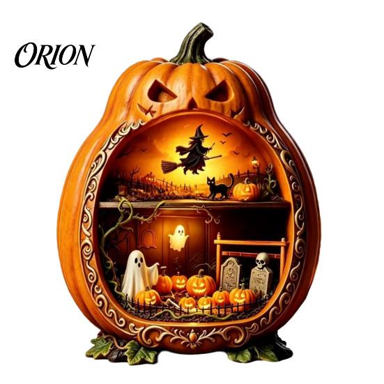 Detailed Halloween Scene Decor Centerpiece Pumpkin, Wooden Pumpkin Ornament with Miniature Scenes, Rustic Home Accents Skeleton for Farmhouse