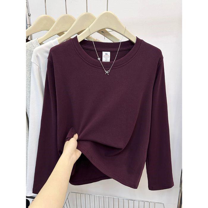 Women's Slim Fit Long Sleeve Plain Cotton T-Shirt - Round Neck, Versatile, Ideal for Spring and Autumn