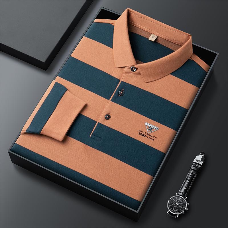 Men's Premium Striped Long-Sleeve Polo Shirt - Pure Cotton, High-End Business Wear
