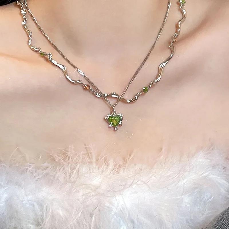 New Green Crystal Love Double Layer Necklace For Women Fashionable Personalized Daily Accessory Party Jewelry Birthday Gifts