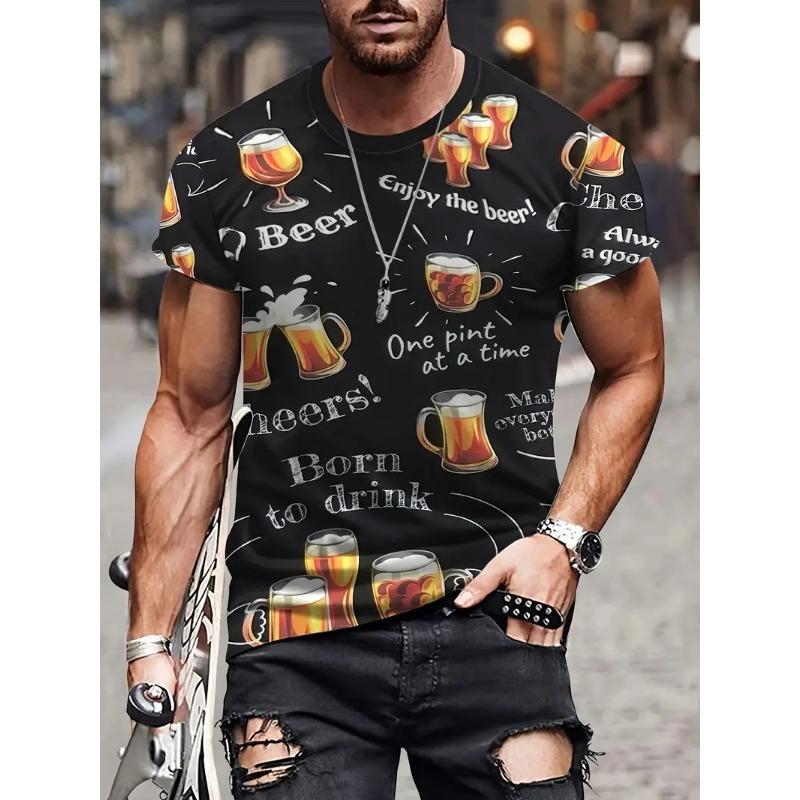 Camiseta Masculina Elegante Com Estampa De Cerveja 3D All-Over Print Design Camisetas Gráficas De Cerveja Masculinas Com Gola Redonda E Manga Curta