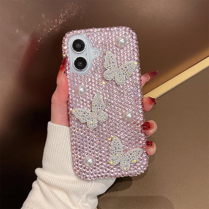 

Pearl Butterfly Rhinestone Phone Case for IPhone17promax Hand Strap for Apple 16 Full Diamond Fashion Women’s Model For iPhone 7/8/SE 2020