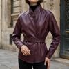 Womens Vintage Wine Red PU Leather Biker Jacket With Stand Collar Belted Waist Drop Shoulder Fit
