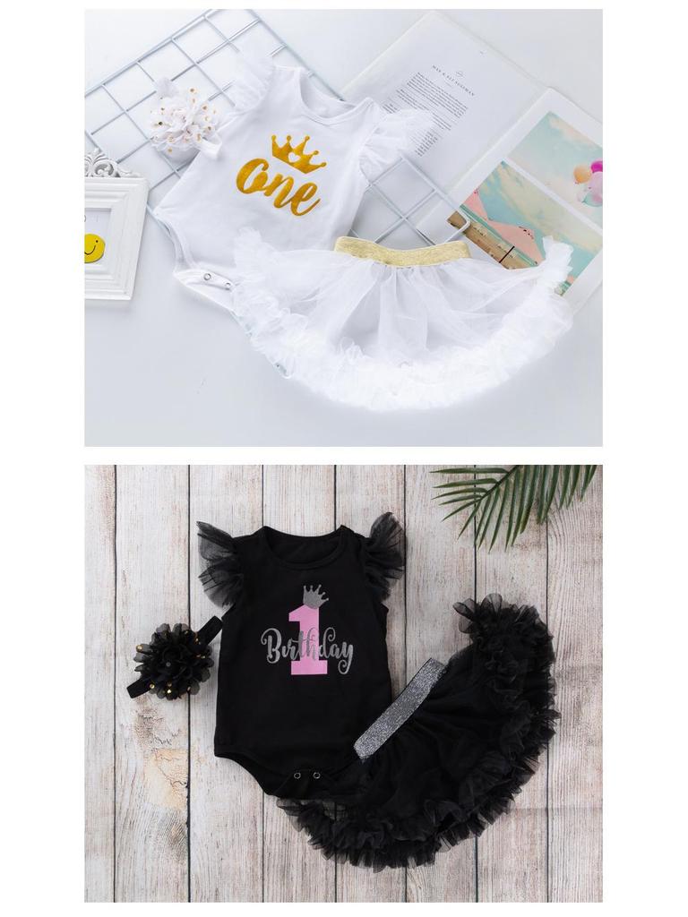 1st Birthday Outfit for Baby Girls: Sleeveless Romper, Skirt, and Bottoms Set
