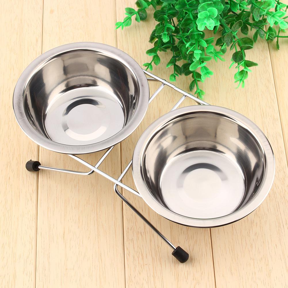 Cute Double Twin Stainless Steel Bowls Dog Puppy Cat Pet Food Water Bowl Dish Iron Stand