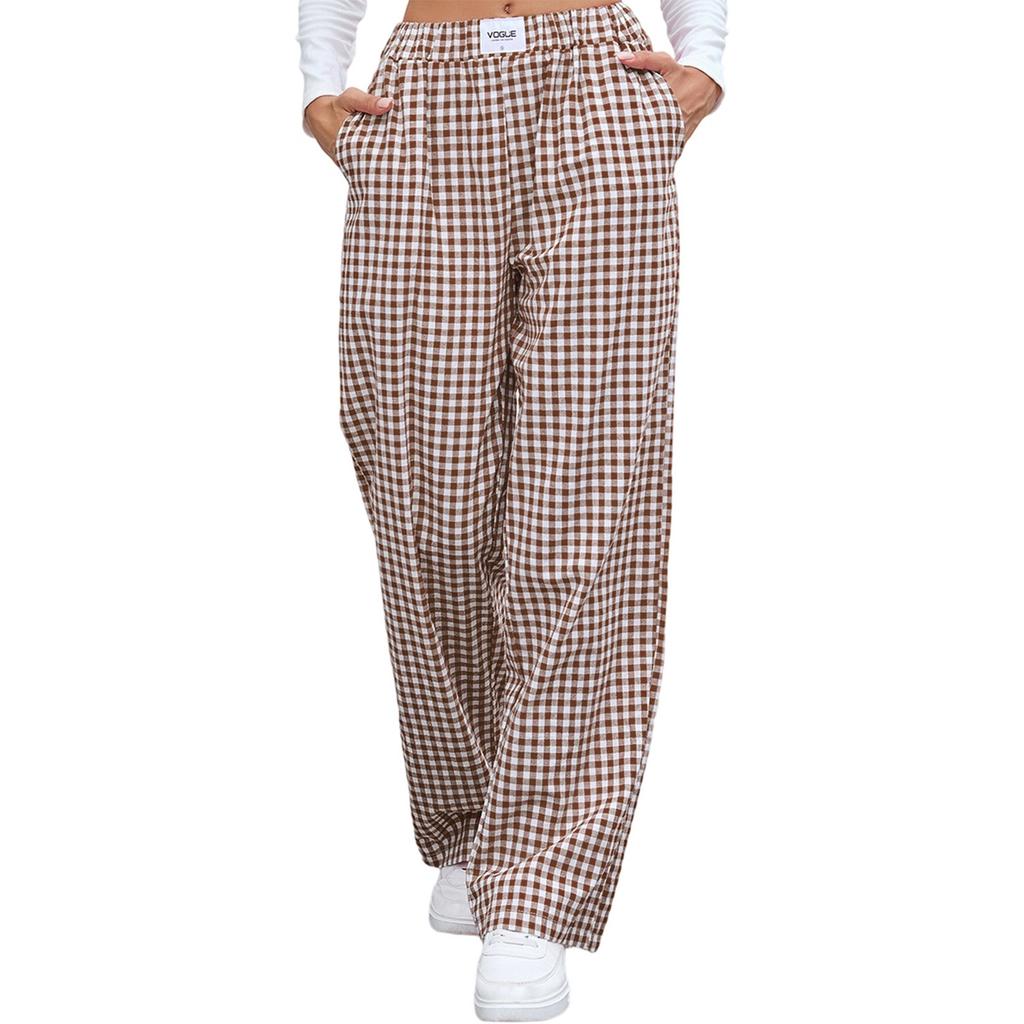 Women's Fashionable Checkered Elastic Waistband Loose Pocket Casual Pants