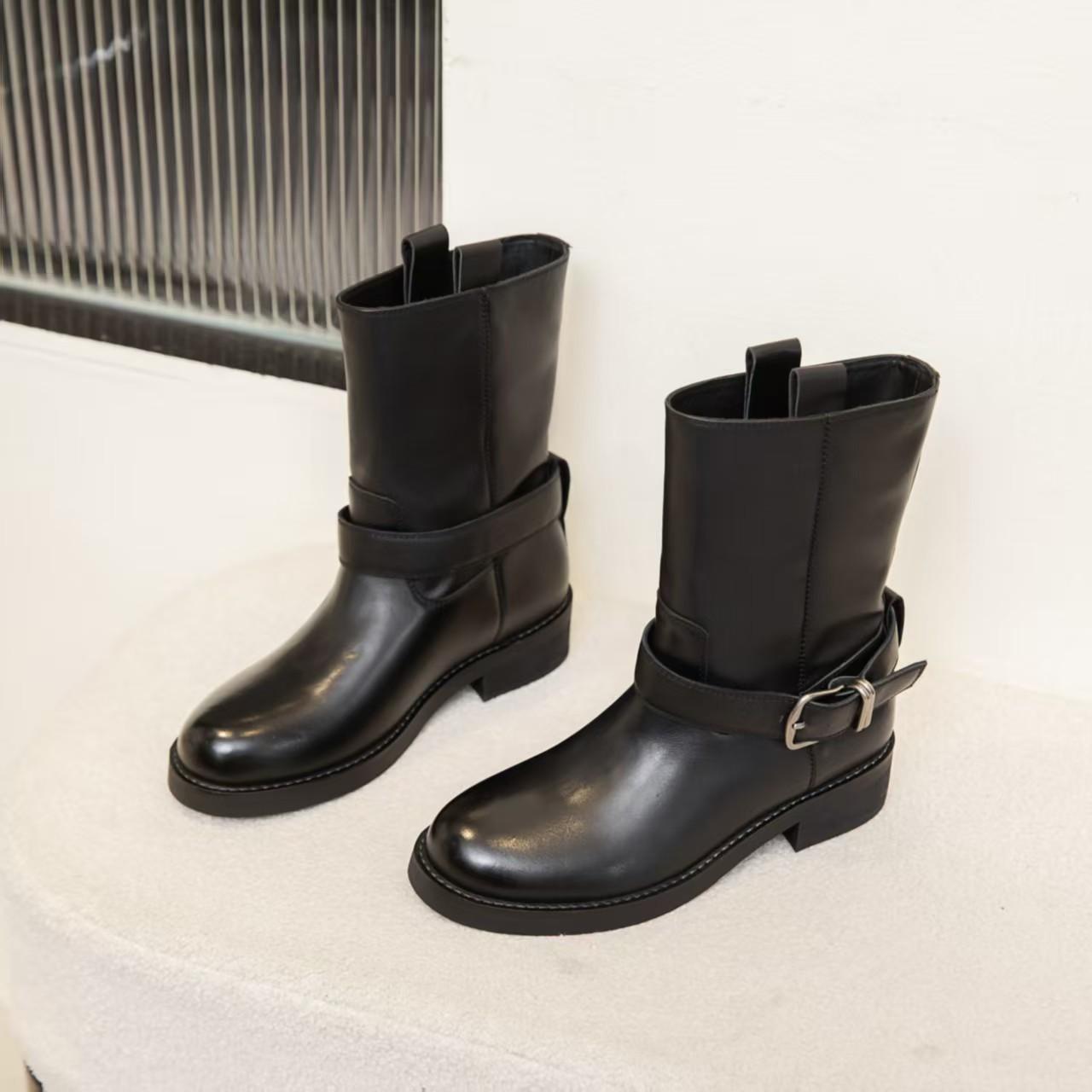 

First-layer cowhide knight boots 2025 autumn and winter medium tube thin boots thick-soled velvet locomotive Martin boots 40