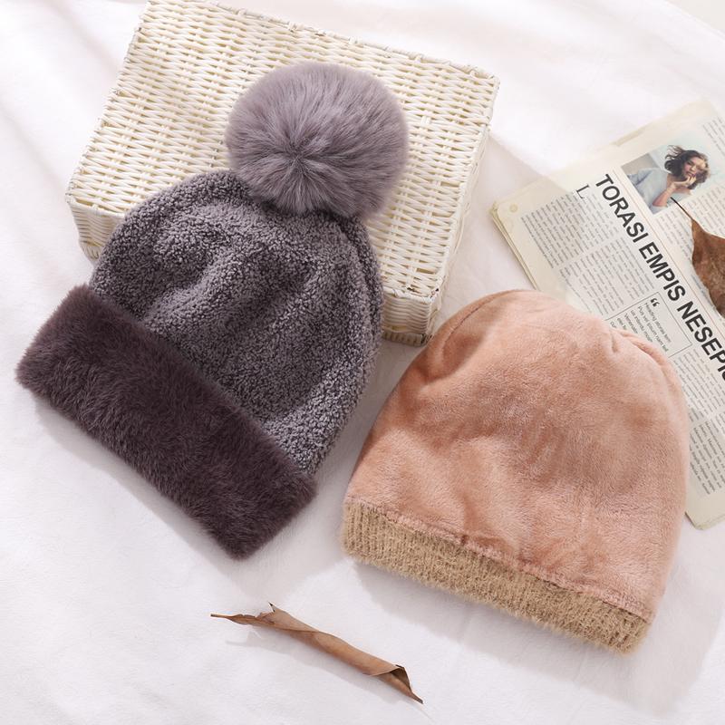Damen Beanie Mütze Wintermütze Warme Mütze mit Doppelschichtfutter Verdickter Flanellhut Mode Faux Pompom Casual Hüte für Damen Mädchen
