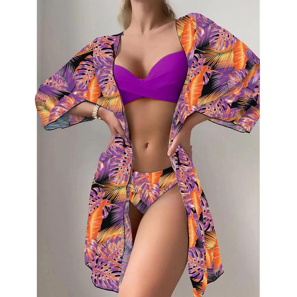 Swimsuit Women's Suspender Cardigan Three-piece Bikini Sunscreen Blouse Split High Waist Swimsuit