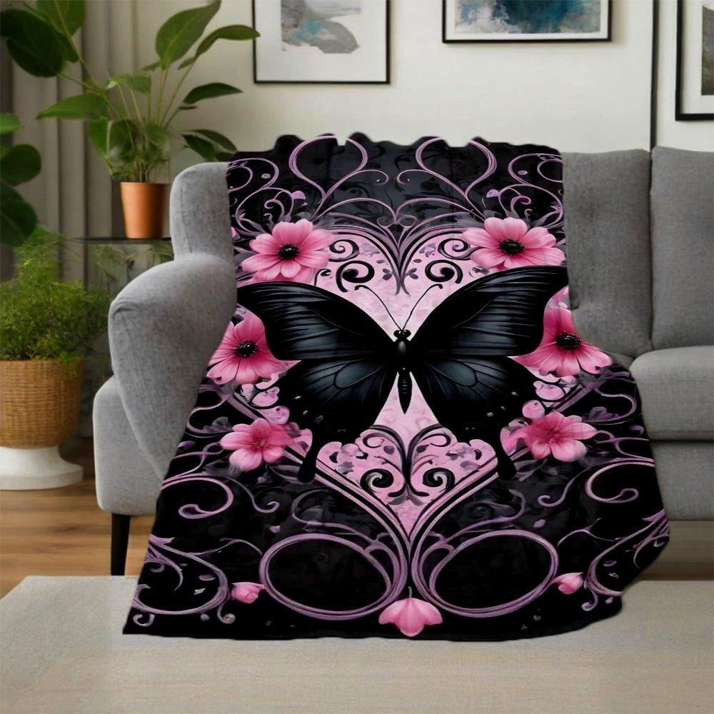Schwarzer Schmetterling mit rosa Blumen Wandkunst DruckDecke Flanell Überwurfdecke für Sofa, Bett, Reise, Camping, Büro, Couch, Stuhl und Bett