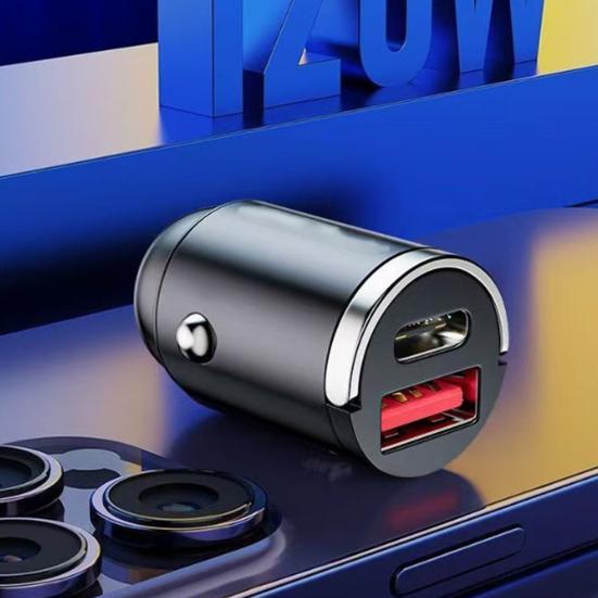 Car Charger Dual-Port USB and Type-C 120W Super Fast Charging Aluminum Alloy Auto Parts