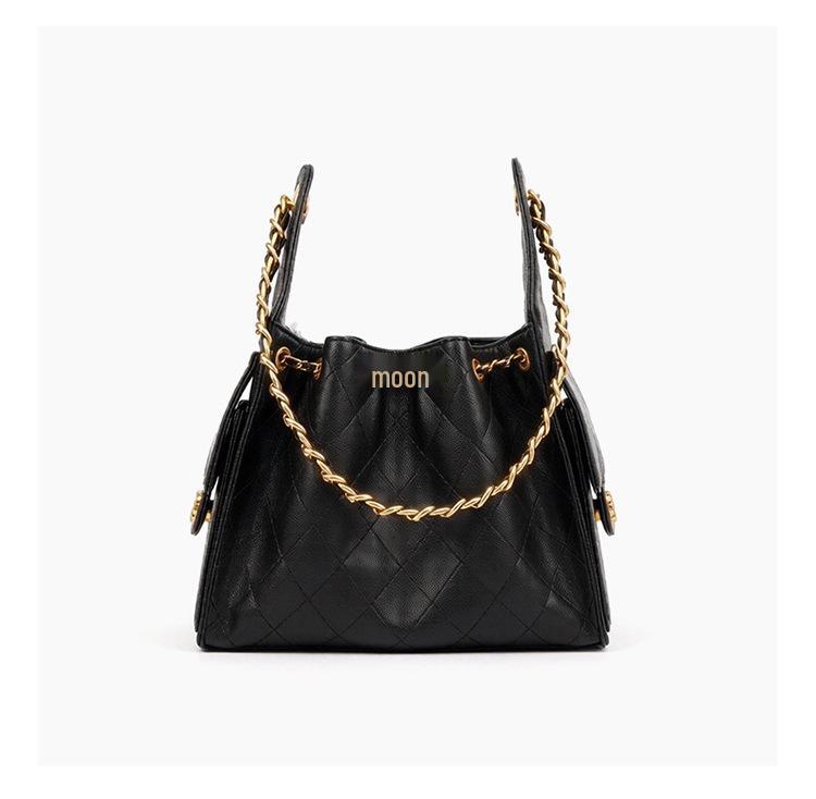 Caviar Hobo Drawstring Bucket Bag: Quilted Chain Shoulder Light Luxury Coco Style Suede