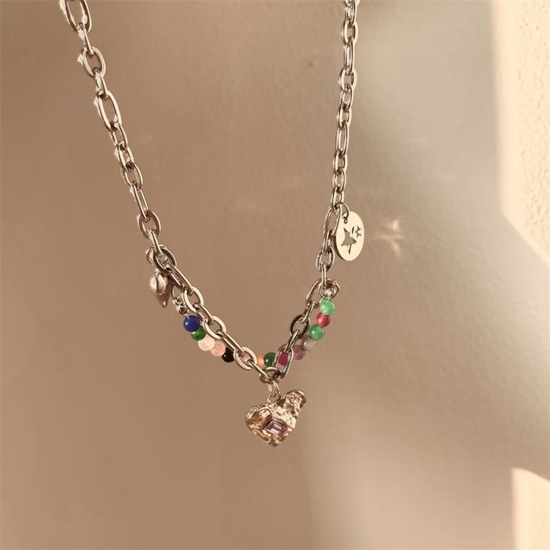 Color Beaded Love Flower Zircon Necklace Female Sweet Cool Hot Girl Wind Collarbone Chain Niche Design Accessories