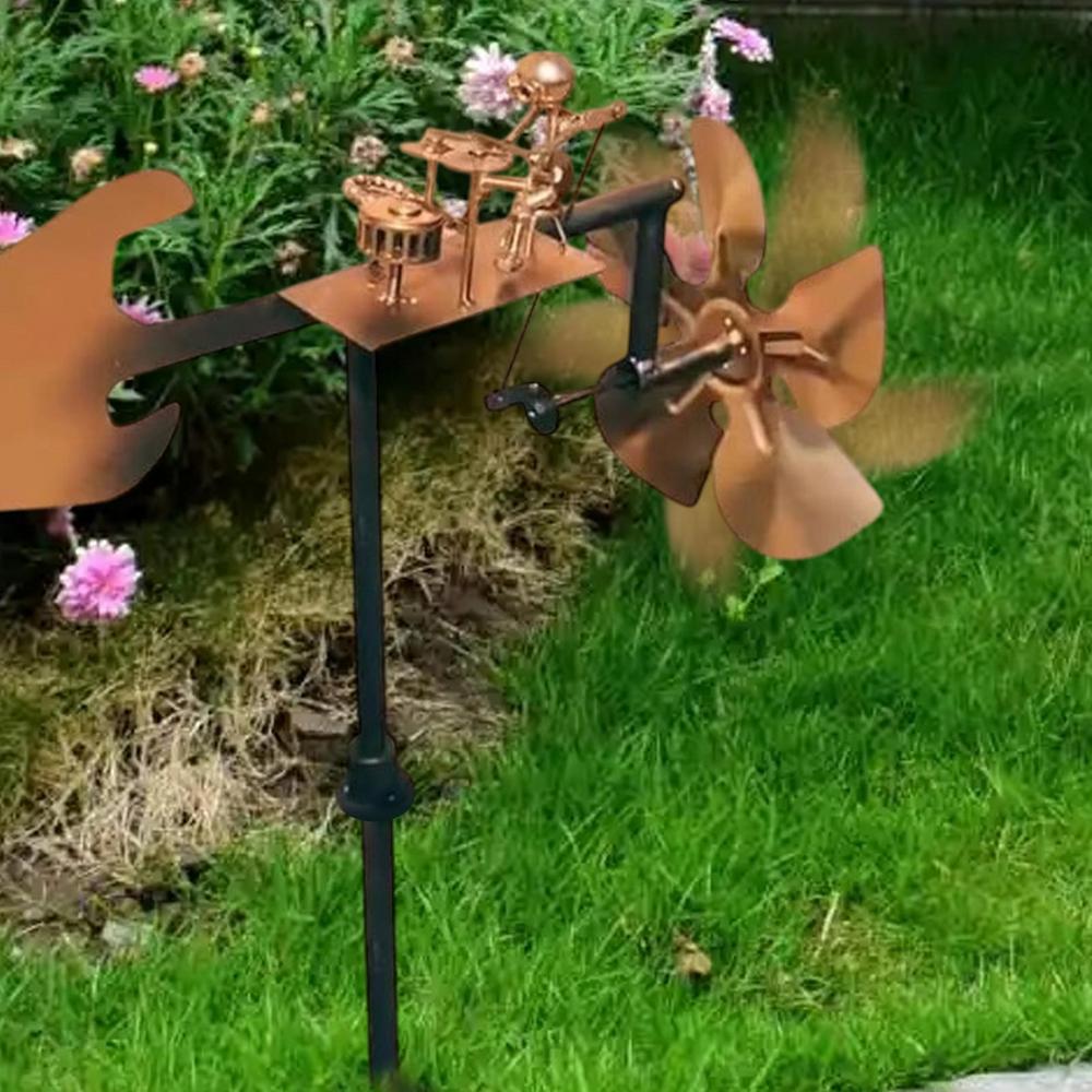 Mulino a vento in metallo fatto a mano con batterista, Statuette e statue di musicisti percussionisti, Scultura cinetica alimentata dal vento, Girandole a vento per decorazione da cortile, prato, giardino