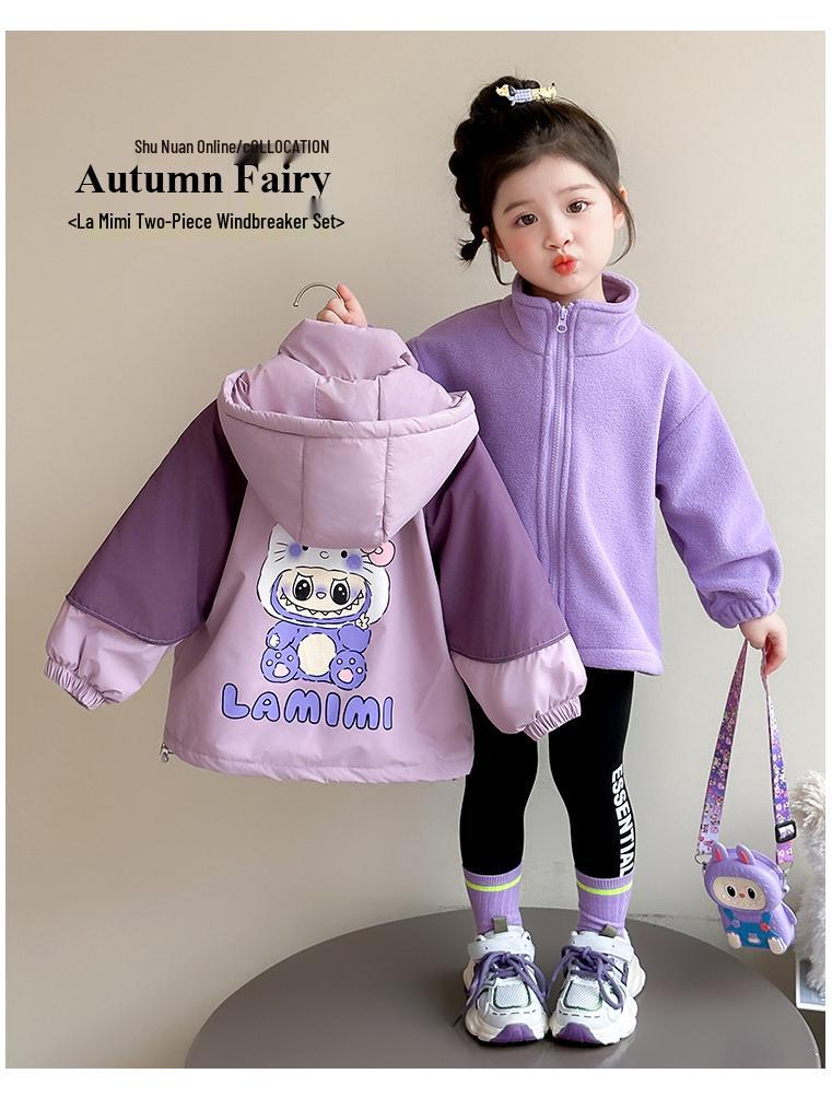 Girls' Fleece-Lined Windproof Jacket Set with Bag for Toddlers/Little Kids, Thick Autumn/Winter Coat with Cotton Lining