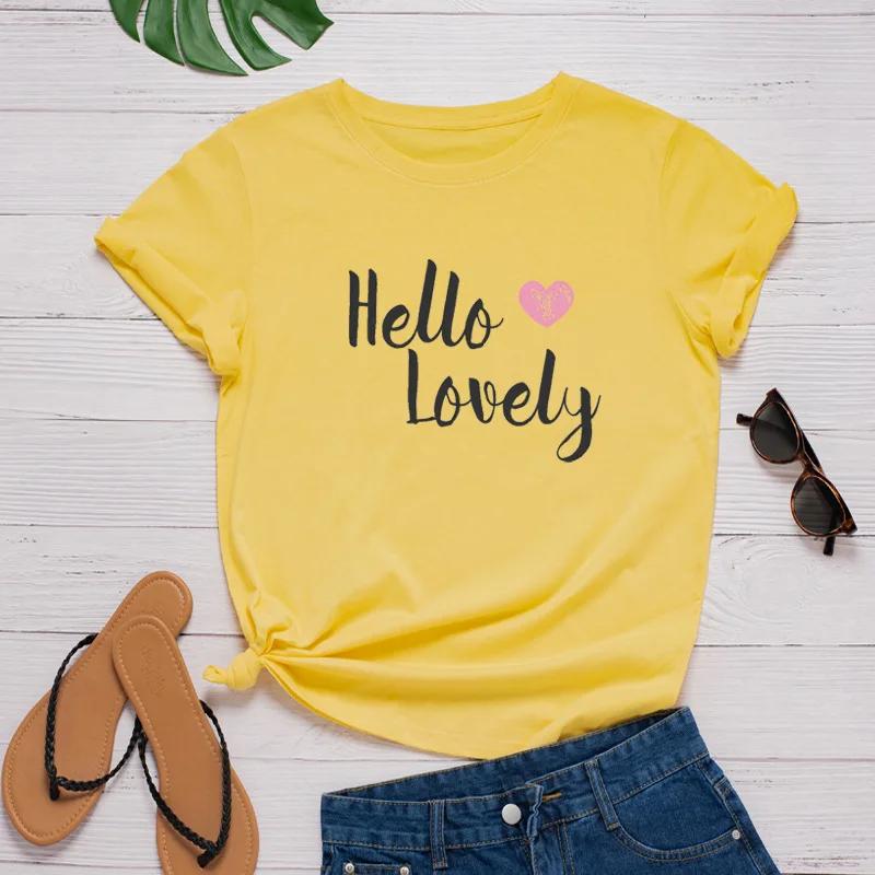 Hello Lovely Heart Print Women T Shirt Short Sleeve O Neck Loose Women Tshirt Ladies Tee Shirt Tops Clothes Camisetas Mujer