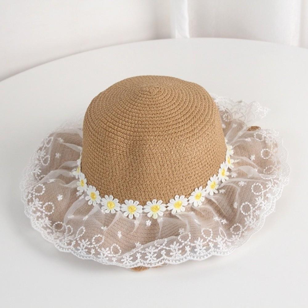 Wide Brim Straw Bag Cap Set Lace Sun Hat Sweet Fisherman Hat for 2-8 Years Kids