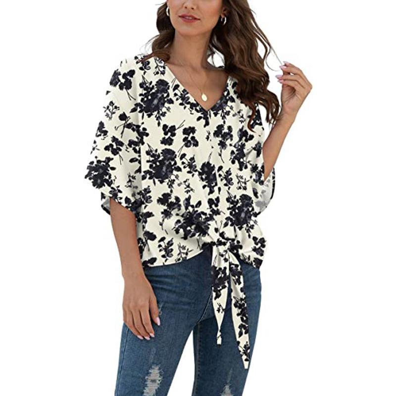 

Женская рубашка больших размеров, летняя, новая, темпераментная, с V-образным вырезом, на шнуровке, с короткими рукавами и принтом XXL