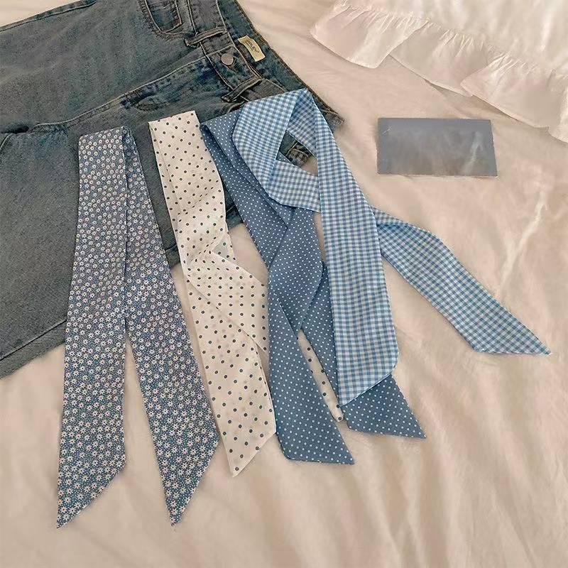 Women Narrow Silk Scarf Polka Dot Print 2 in 1 Adjustable Ribbon Tie Headband Choker for Casual Outfits