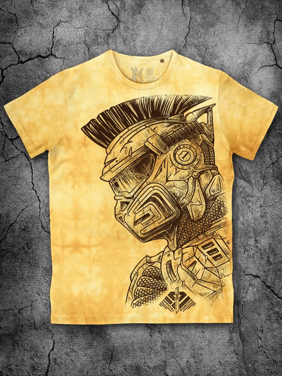 Men s Tai Dye Yellow T-shirt with Cyborg Stalker Print S