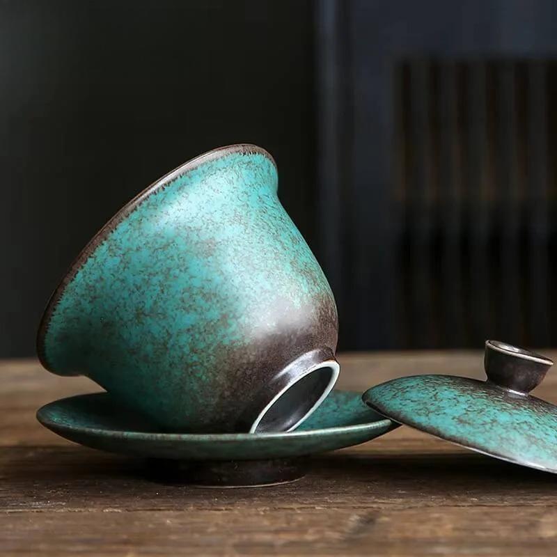 150ml Japanese Style Turquoise Glaze Ceramic Sancai Gaiwan Retro Kiln Change High-capacity Tea Cover Bowl Drinkware Customized