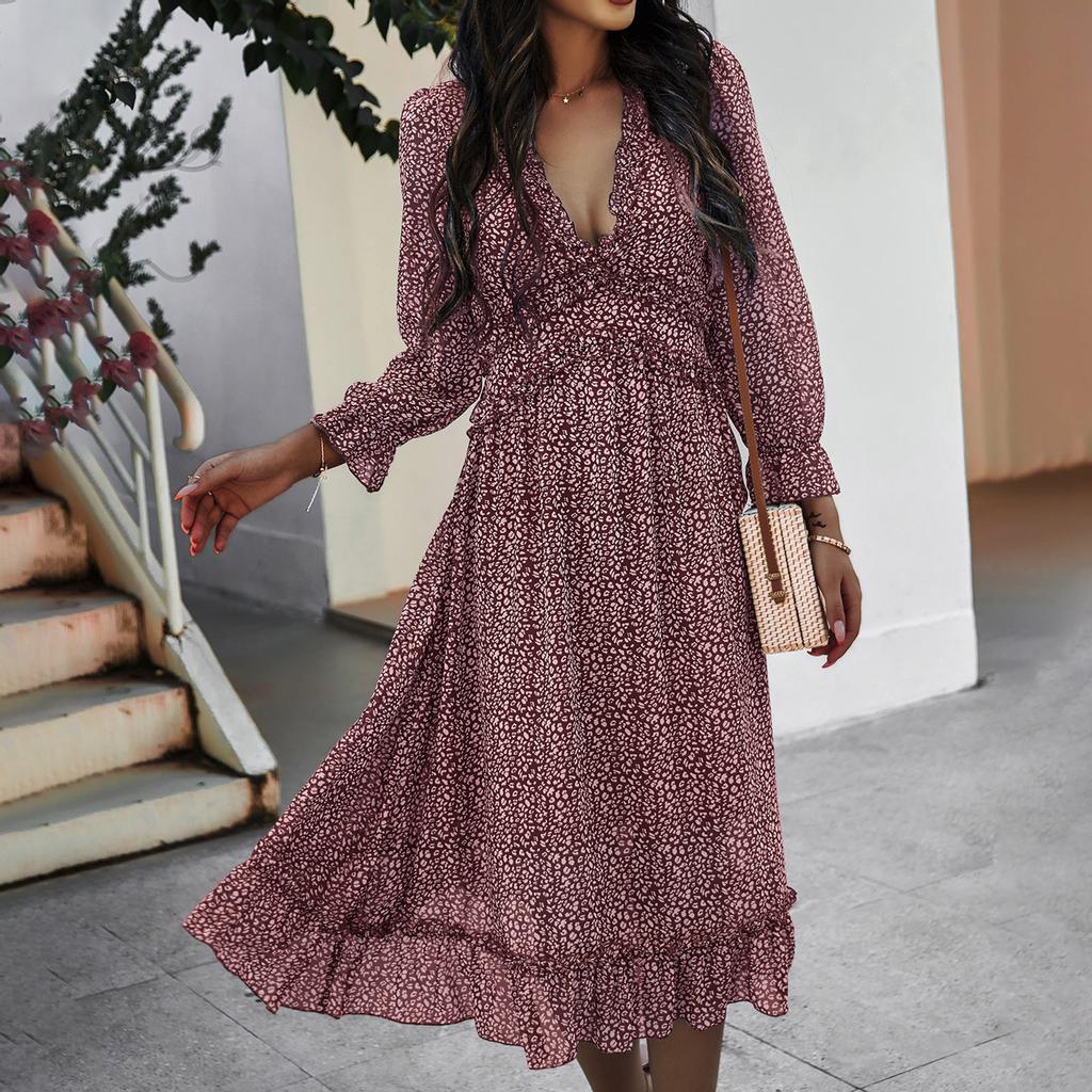 Damemote Langermet V-hals skjørt Plissert Kne-lengde Print Dress