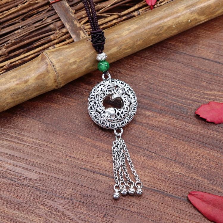 Handmade Retro Cotton and Linen Tibetan Silver Pendant Necklace Medium and Long Flower Versatile Sweater Chain Women's Simple Accessories