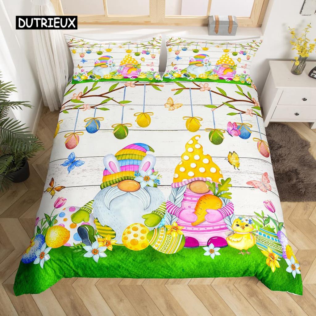 Easter Rabbit Tail Comforter Cover Pastel Pink Tulip Flowers Duvet Cover Twin Easter Eggs Kawaii Animal Bedding Set Easter Decor
