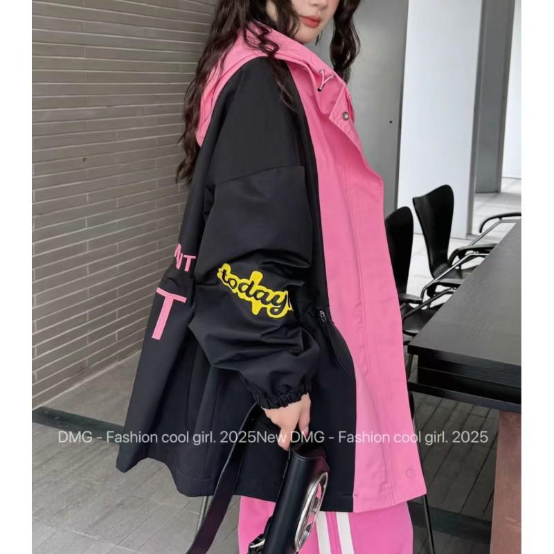 Womens Trench Coat 2026 Hooded Embroidered Streetwear Loose Fit Mid Length Jacket