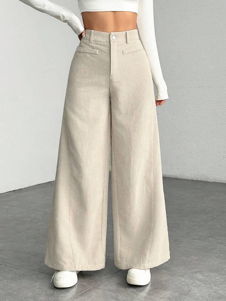 High Waist Corduroy Women's Wide Leg Pants - Casual, Loose, Floor-Length, Solid Color.