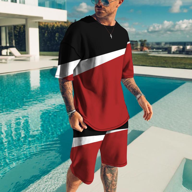 Independent Station New European and American Summer Men's Trend Casual Beach Style Texture 3D Digital Printing T-Shirt Shorts Set