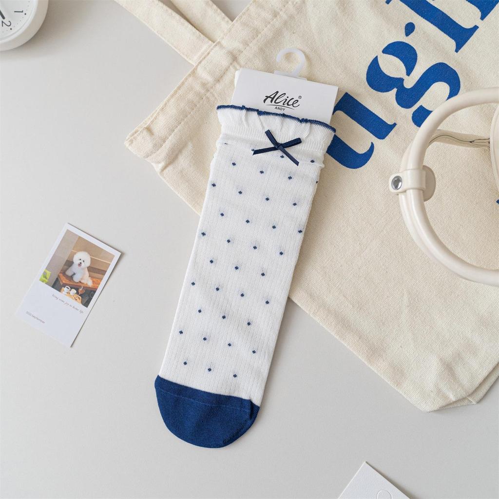 Women's Japanese-Style Blue & White Loose Socks: Spring/Summer Thin Mid-Calf with Cartoon Bear, Polka Dot & Bow Design