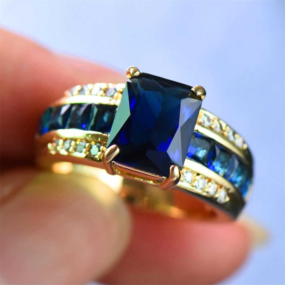 Fashion Female Blue Zircon Square Finger Ring Yellow Gold Color Wedding  For Women Party Accessories
