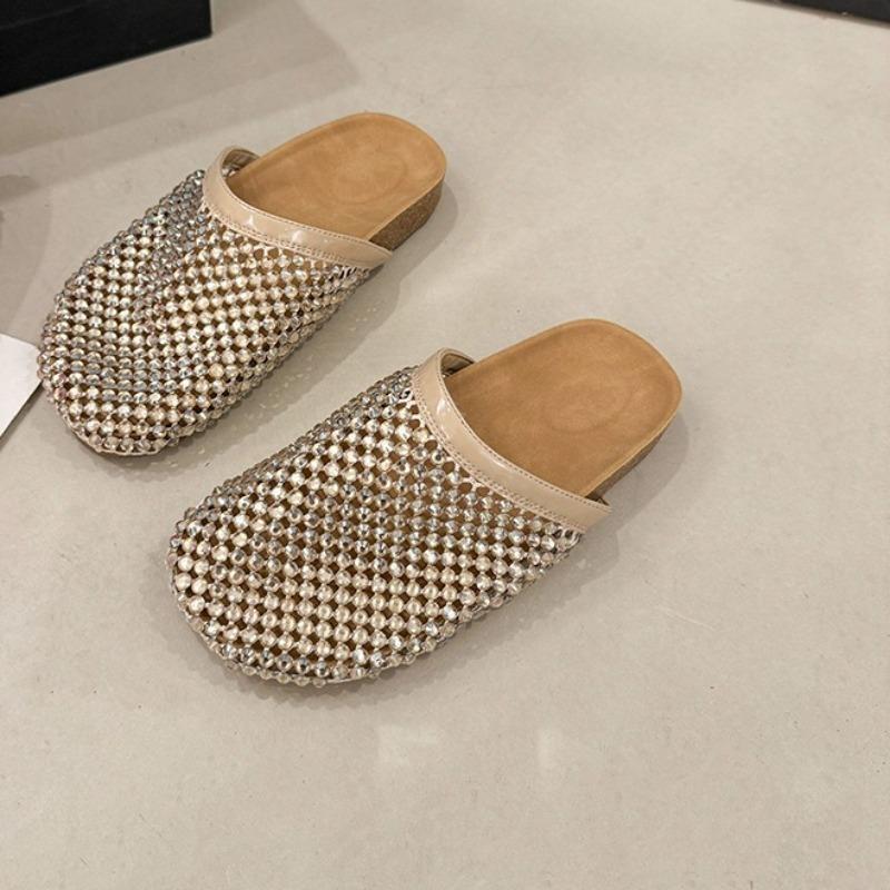 Fashion Crystal Mesh Breathable Toe Flip-flops for Women Fashionable Round-toed Anti-slip and Wear-resistant Flat Shoes