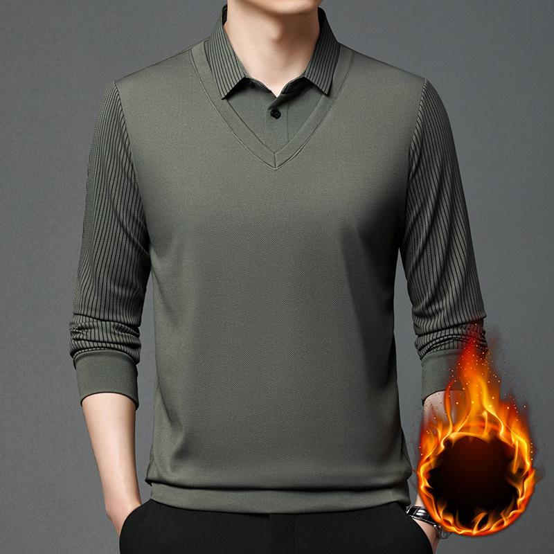 

fashion Fake two pieces fleece thicken t shirt men s long sleeves tops autumn and winter lapels warm Velvet polo shirt base tees M