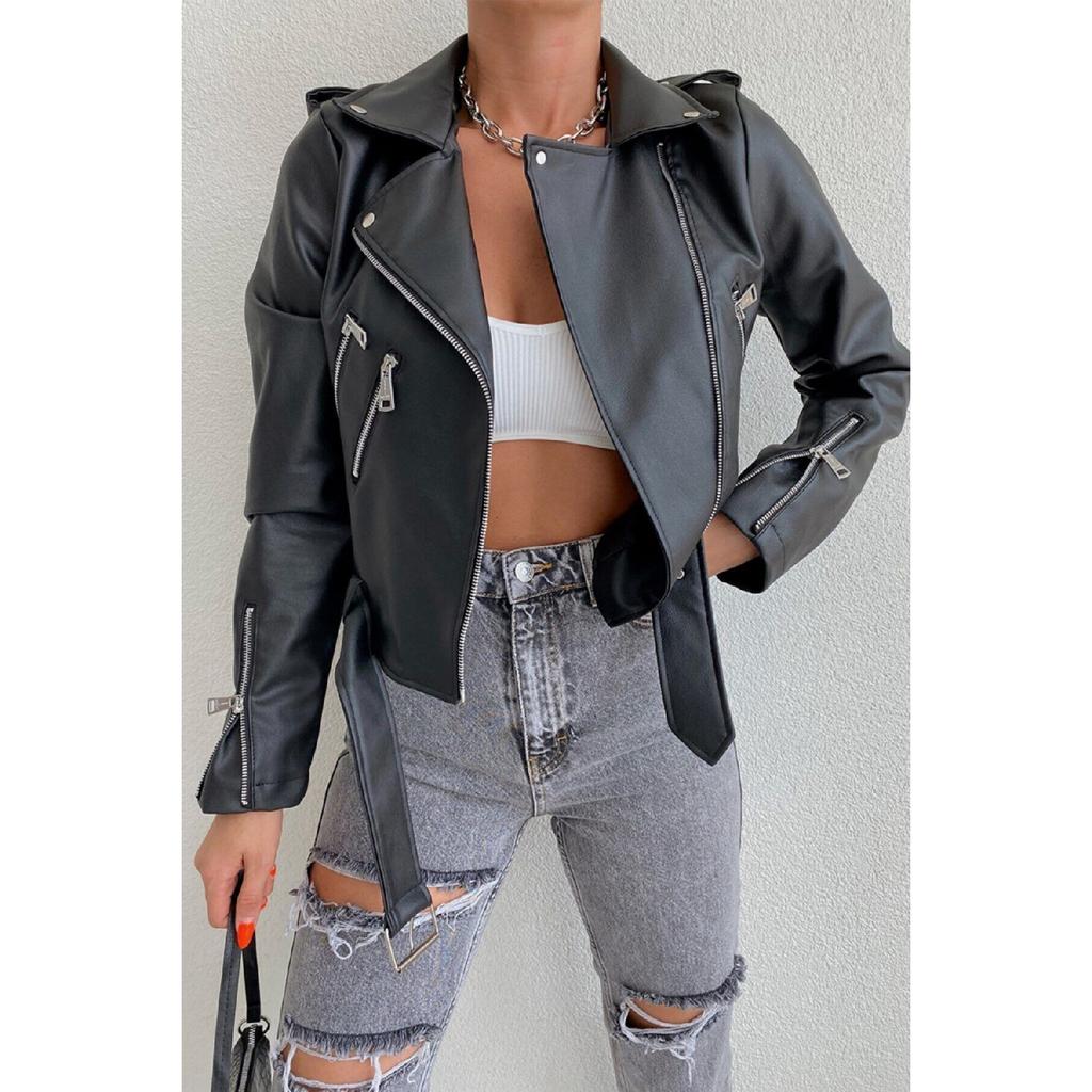 Women's Black Pocket Detailed Leather Jacket