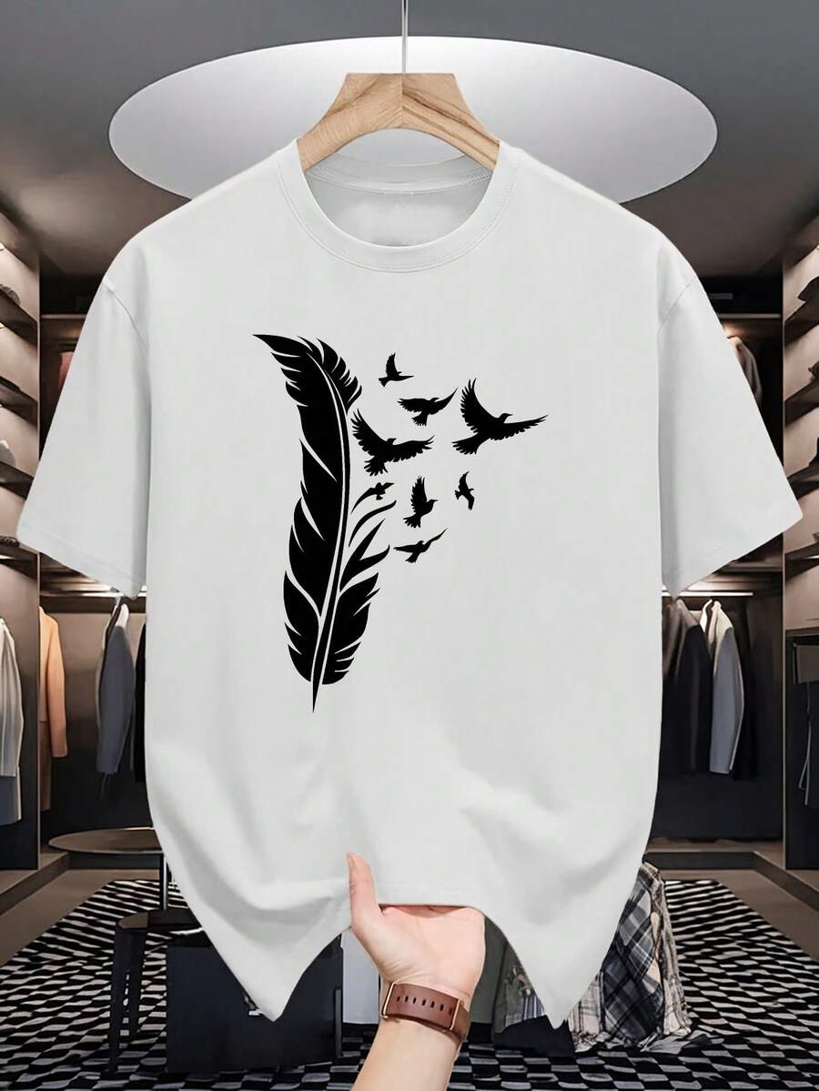 

Feather Print Unisex T-Shirt, Short-Sleeved, Crew Neck Casual Top XXXL