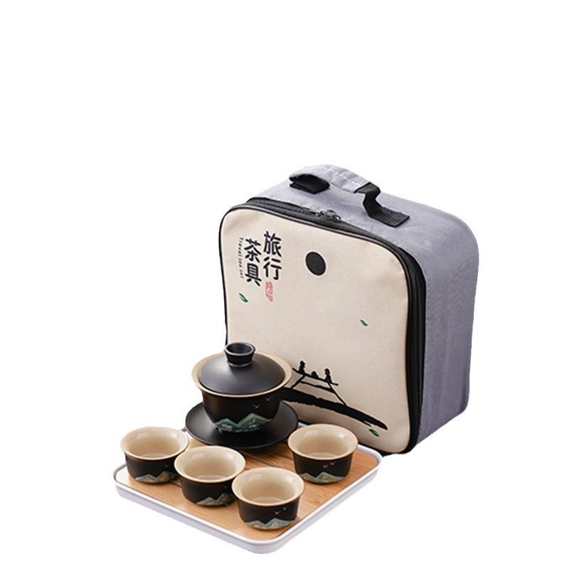 Black Pottery Travel Kung Fu Tea Set Portable Household Outdoor Ceramic Tea Pot Drinking Tea Cup Dry Brewing Plate Small Set
