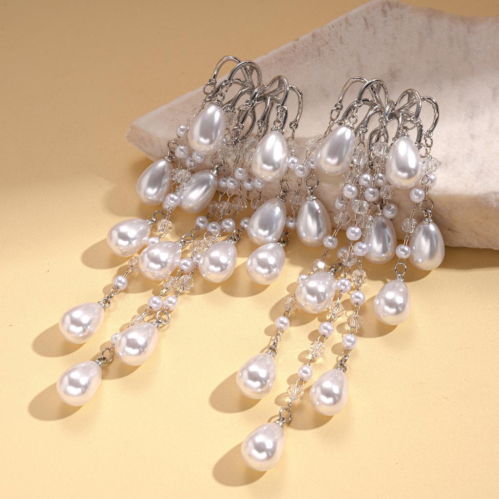 Imitation pearl glass fireworks water drop fringe silver needle earrings elegant fashion niche earrings