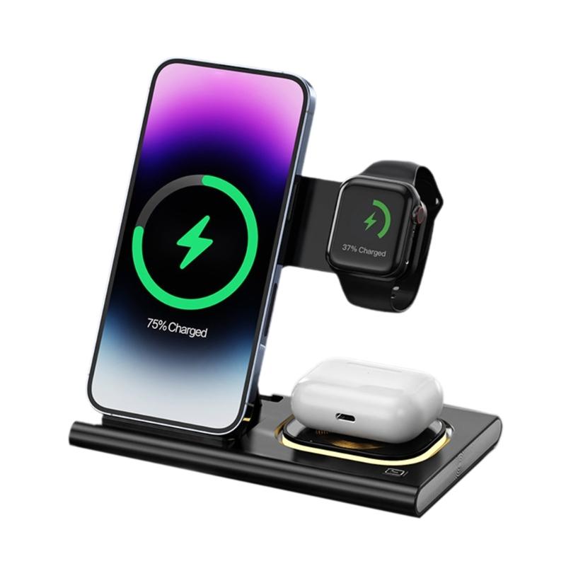

Triple Device 15W Fast Wireless Charger with Intelligent Device Recognition and Safe Charging 3 in 1 Charging Station чорний