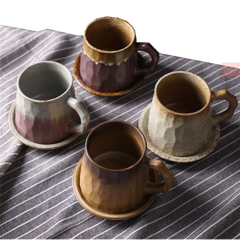 1X Japanese Style Creative Retro Ceramic Coffee Cup Mugs Saucer Set Tea Coarse Coffee Milk Cups Mug