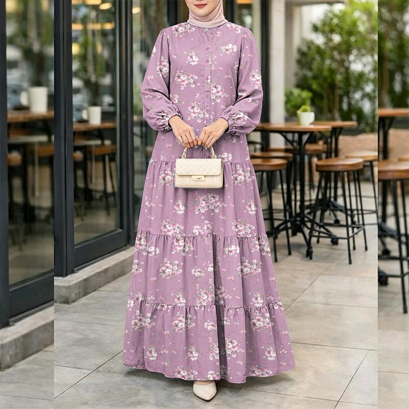 

ZANZEA Women Floral Print Casual Round Neck Long Sleeve Loose Long Dress 5XL фіолетовий