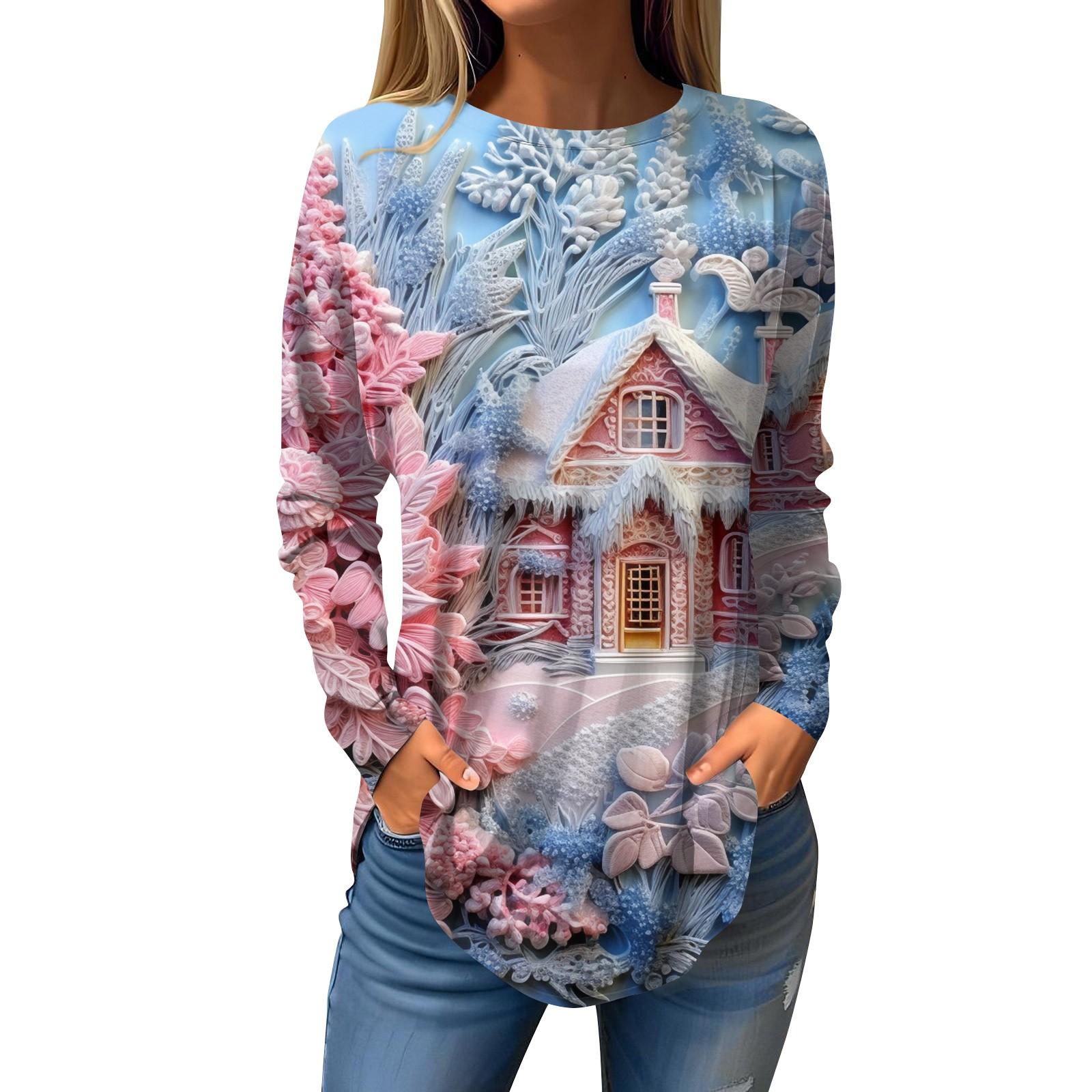 

Женская свободная футболка с круглым вырезом и рождественским принтом, длинный рукав, пуловер, толстовка с длинными рукавами M розовый