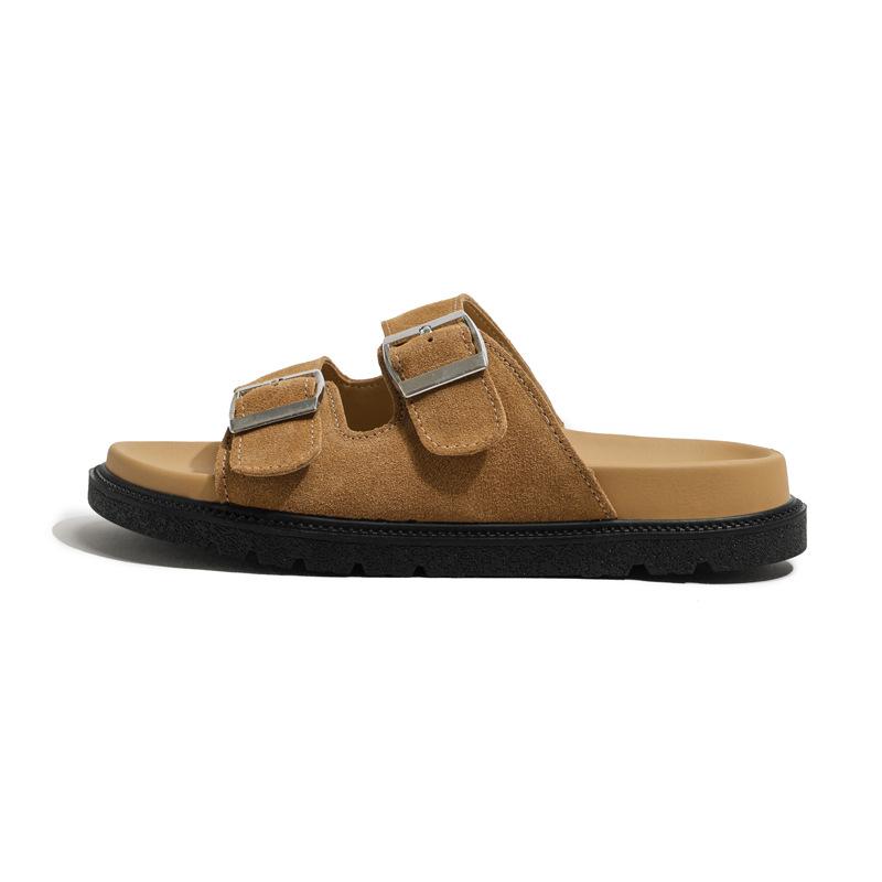 Leather Boken slippers women's sandals outside Texas holiday~ retro thick-soled double buckle with soft bottom stepping on shit slippers