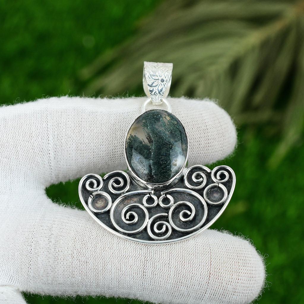 925 Sterling Silver Oval Natural Solar Moss Agate Art Deco Mother Trendy Pendant