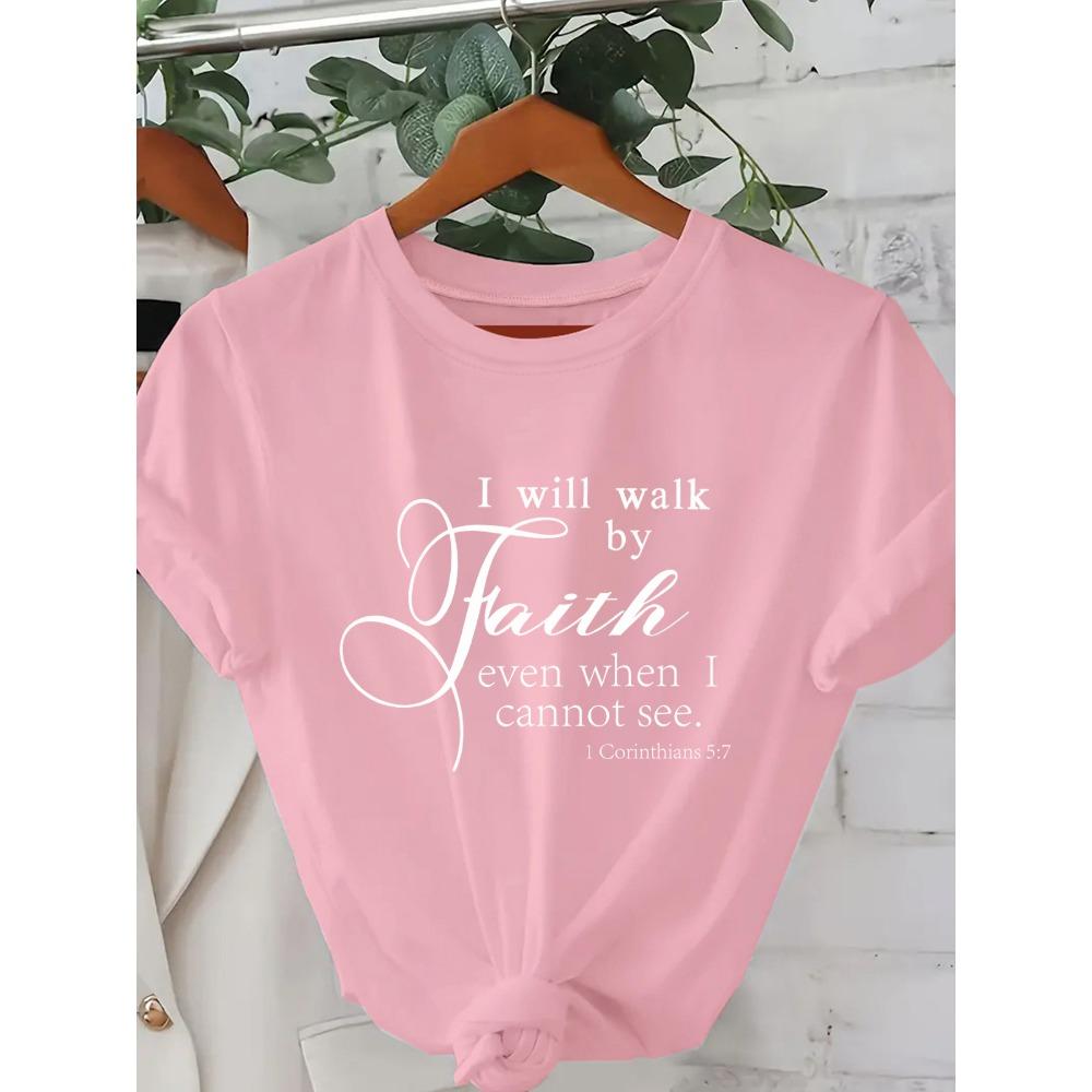 

Women Cotton Short Sleeves T-shirts Walk By Faith Women s Tee Bible Verse Graphic Pink Casual Top 3XL