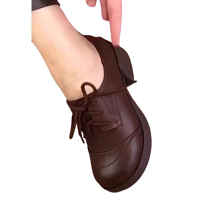 Round head thick heel loafers women's 2025 autumn new lace-up British style small leather shoes popular medium heel black single shoes