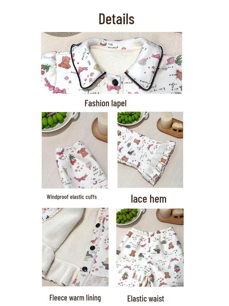 Mädchen Winter Pyjama Set - Fleecegefüttert, Spitze, Bequem, Süße Hauskleidung, 2025 Neuer Stil