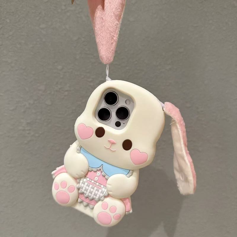 3D Cartoon Plush Long Ears Rabbit Phone Case For IPhone 17 16 15 14 13 Pro Max 14 15 Plus Soft Silicone Back Cover