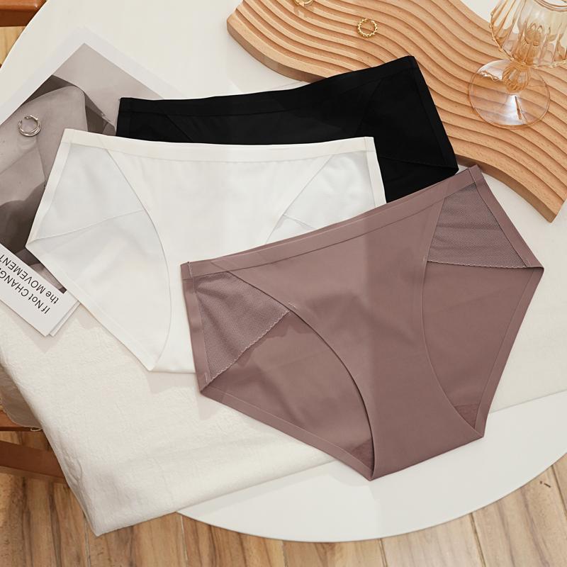 CINOON Sexy dámské kalhotky Ledové hedvábné bezešvé spodní prádlo síťované patchworkové spodky Pohodlné kalhotky do středního pasu